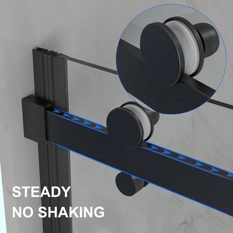 Black Rothnow shower door for walk-in bathtub, North American style sliding shower panel, glass door with black frame.