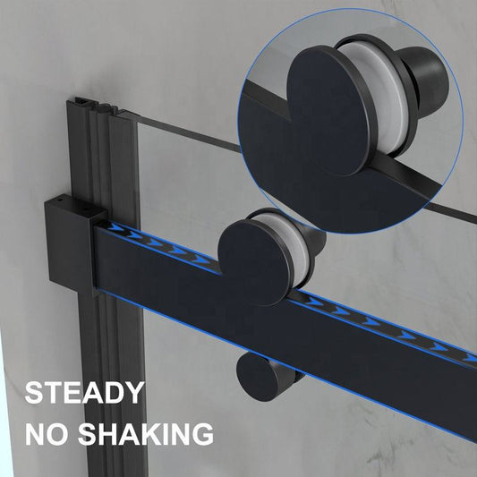 Black Rothnow shower door for walk-in bathtub, North American style sliding shower panel, glass door with black frame.