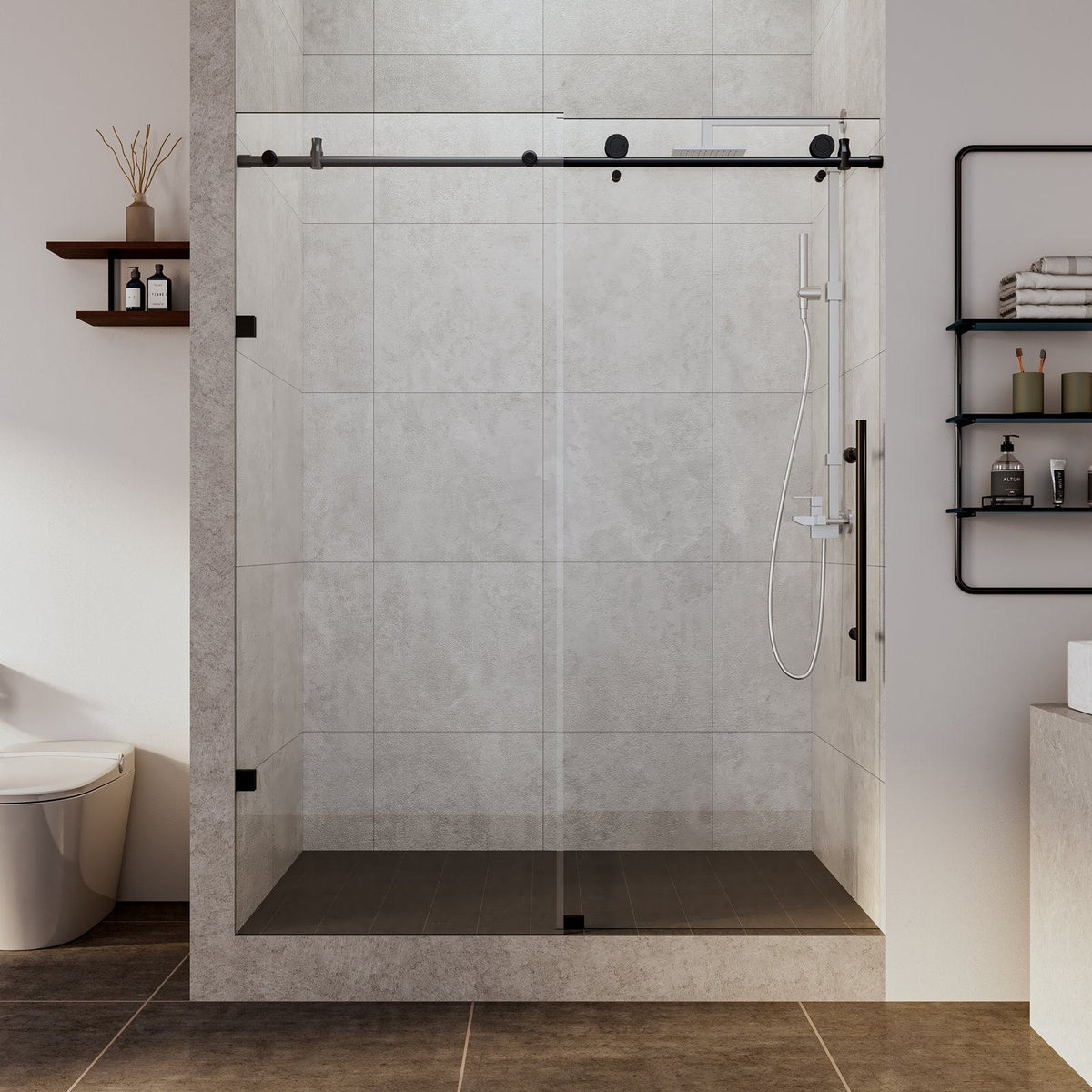 Rothnow North American Style Shower Panel with double sliding black glass doors, 900mm wide, 2200mm high, modern bathroom shower door