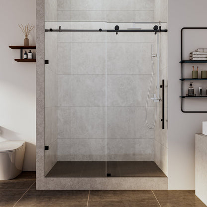 Rothnow North American Style Shower Panel with double sliding black glass doors, 900mm wide, 2200mm high, modern bathroom shower door