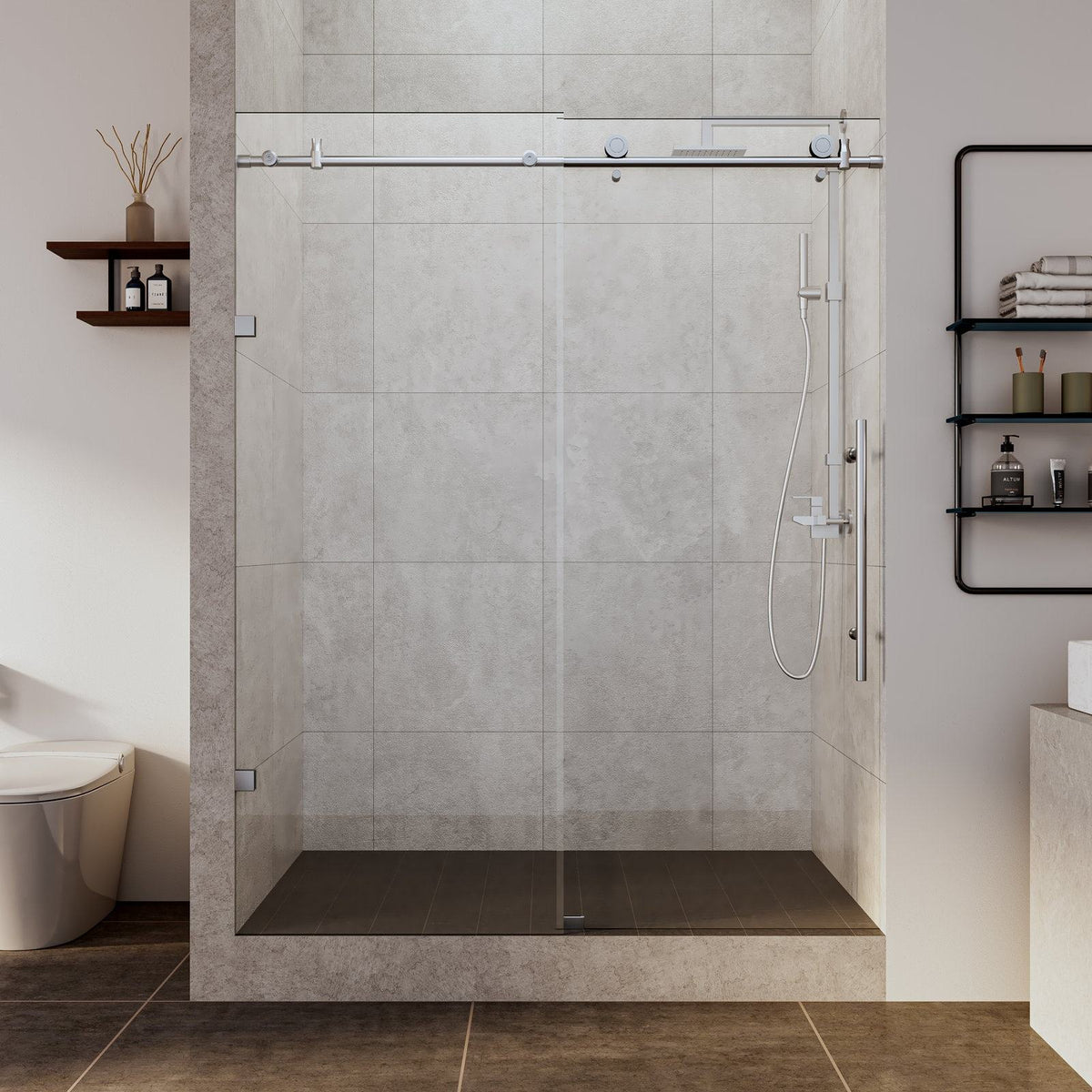 Rothnow North American style shower panel with double sliding doors, black finish, 900mm width, and 2200mm height.