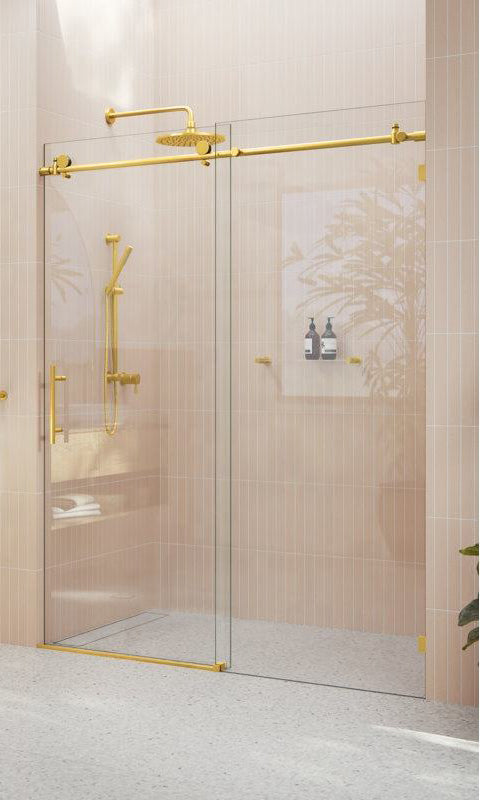 Rothnow North American style shower panel with golden sliding shower door, black frame, 900mm wide and 2200mm tall, modern bathroom fixture.