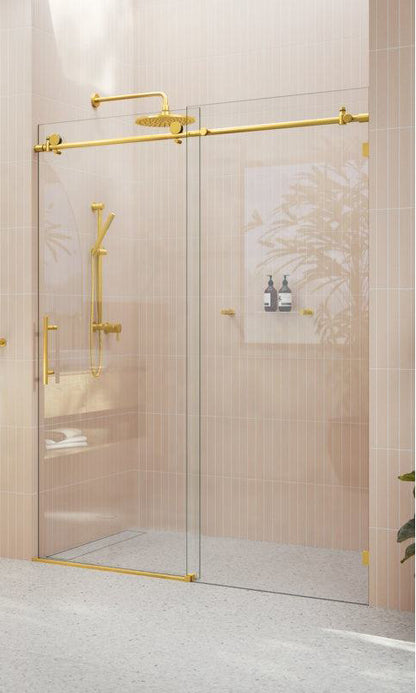 Rothnow North American style shower panel with golden sliding shower door, black frame, 900mm wide and 2200mm tall, modern bathroom fixture.