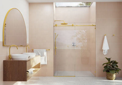 Rothnow North American style shower panel with golden sliding shower door, black finish, 900mm wide and 2200mm tall.