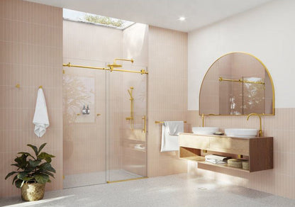 Rothnow North American Style shower panel with black finish and golden sliding shower door, 900mm wide and 2200mm tall.