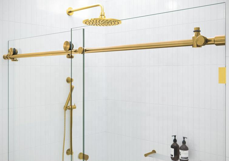 Rothnow North American style shower panel with black finish and golden sliding shower door, 900mm wide and 2200mm high.