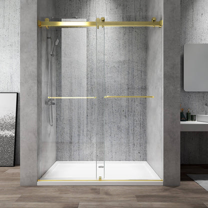 Rothnow North American style shower panel with golden finish, walk-in bathtub, and sliding shower door in a modern bathroom.