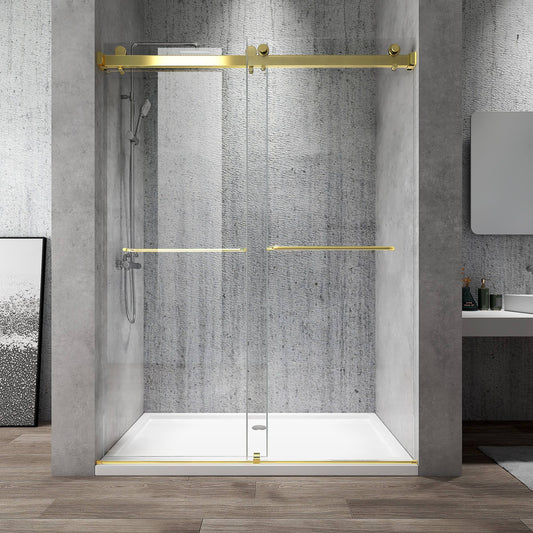 Rothnow North American style shower panel with golden finish, walk-in bathtub, and sliding shower door in a modern bathroom.