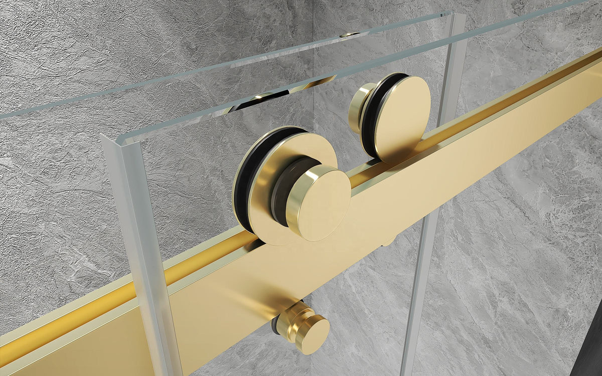 Rothnow North American style shower panel with golden finish, sliding shower door for walk-in bathtub, black frame, 900mm x 2200mm.