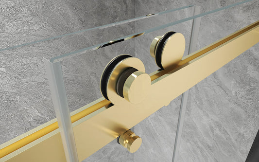 Rothnow North American style shower panel with golden finish, sliding shower door for walk-in bathtub, black frame, 900mm x 2200mm.