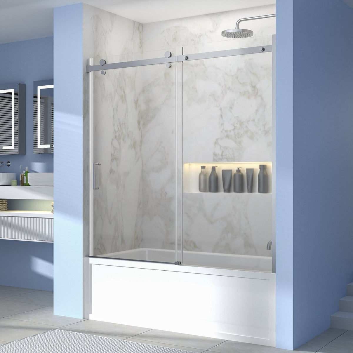 Rothnow North American style grey shower panel with sliding shower door for walk-in bathtub, featuring sleek glass and modern design.
