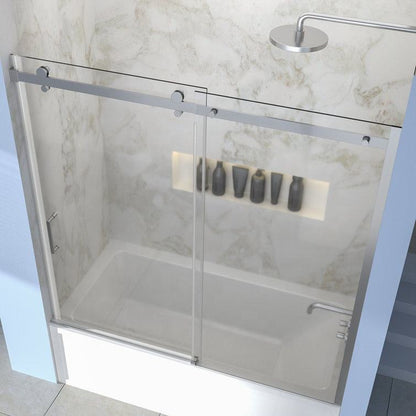 Rothnow North American style grey shower panel with sliding shower door, walk-in bathtub, and black frame in a modern bathroom setting.