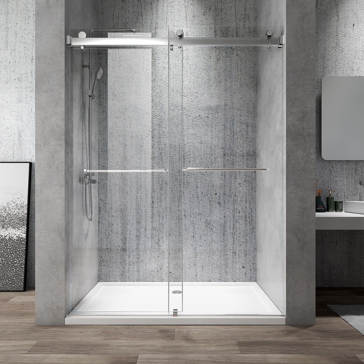 Rothnow North American style shower panel with mirrored double sliding doors, black finish, measuring 900mm wide and 2200mm high.