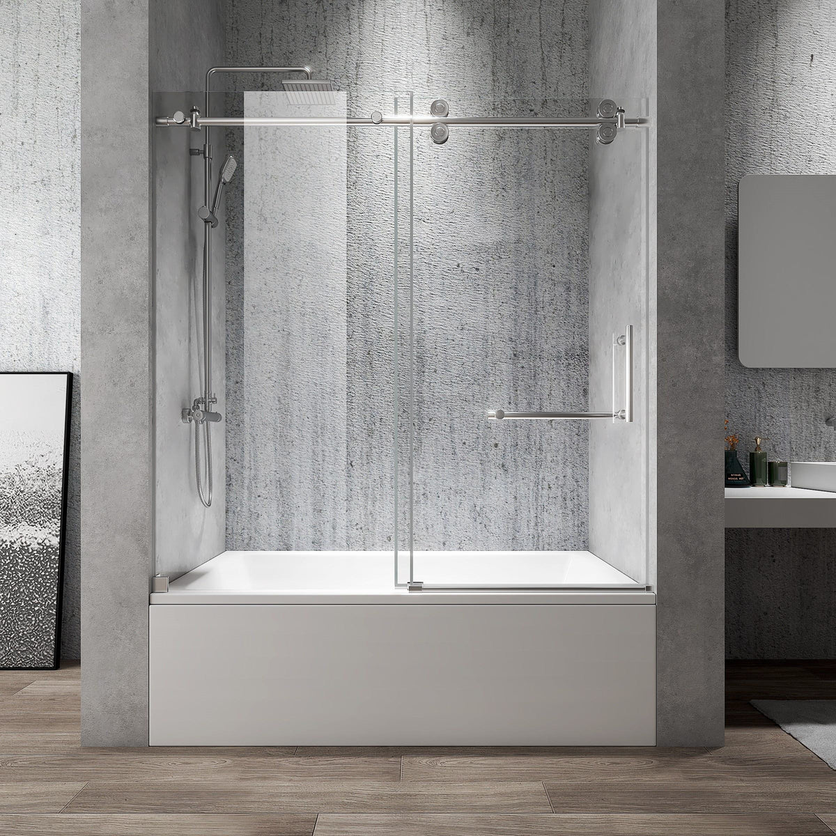 Rothnow North American style shower panel with mirrored walk-in bathtub and black sliding shower door, 900mm width, 2200mm height