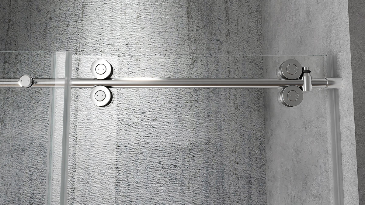 Rothnow North American style shower panel with mirrored walk-in bathtub and sliding glass shower door, black finish.