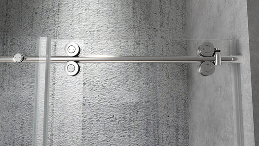 Rothnow North American style shower panel with mirrored walk-in bathtub and sliding glass shower door, black finish.