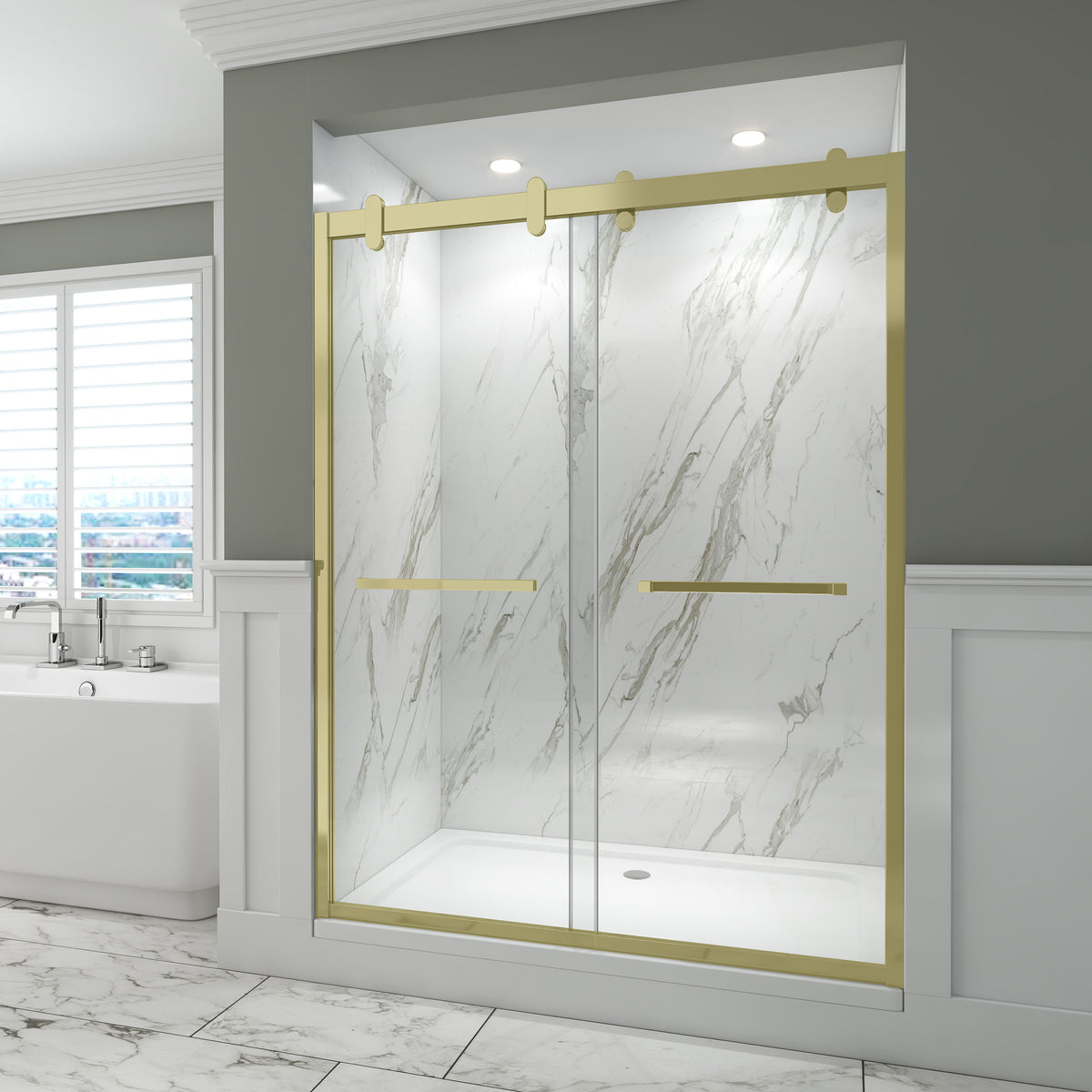 Rothnow North American style black shower panel with sliding door, modern design for contemporary bathroom showers.