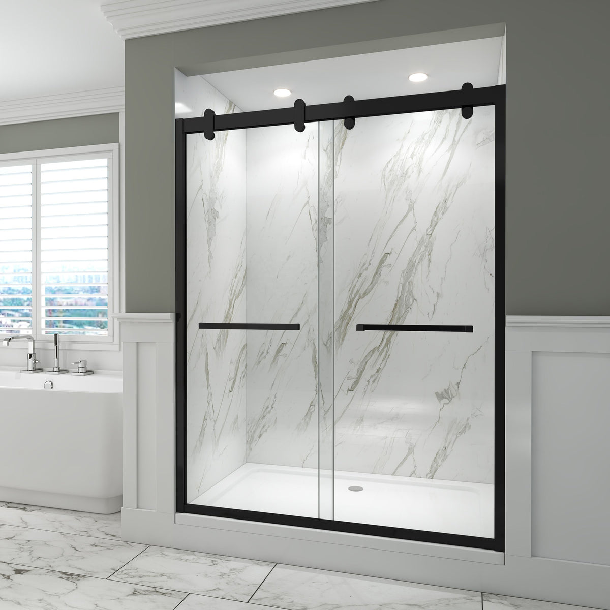 Rothnow North American style black sliding shower door with modern design, made for shower panels, 900mm wide and 2200mm high.