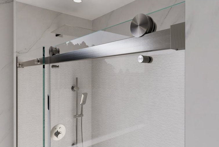 Rothnow North American Style Shower Panel with satin finish and double sliding door, 900mm wide, black finish.