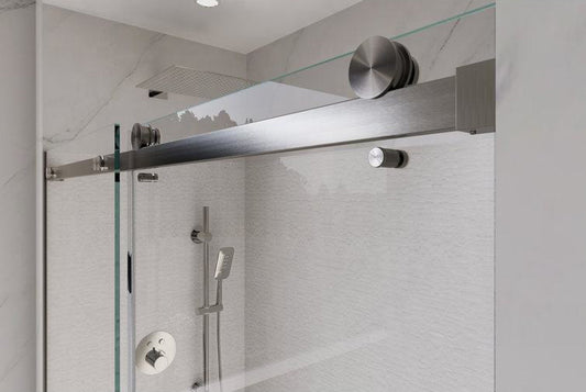 Rothnow North American Style Shower Panel with satin finish and double sliding door, 900mm wide, black finish.