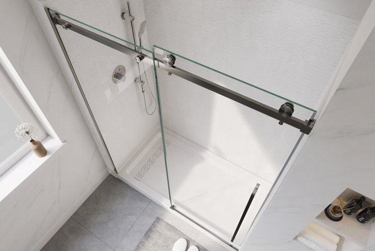 Rothnow North American style shower panel with satined double sliding doors, black finish, 900mm width, and 2200mm height.
