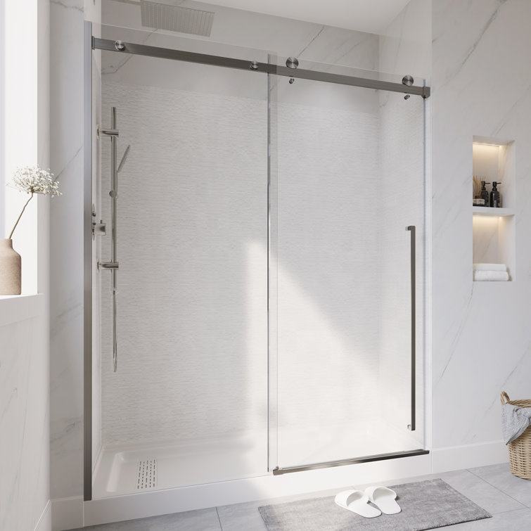 Rothnow North American Style Shower Panel with satin finish and double sliding black doors, measuring 900mm wide and 2200mm high.
