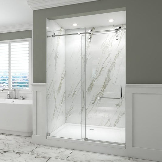 Rothnow North American Style shower panel with black finish and sliding shower door featuring various wheels and a modern design