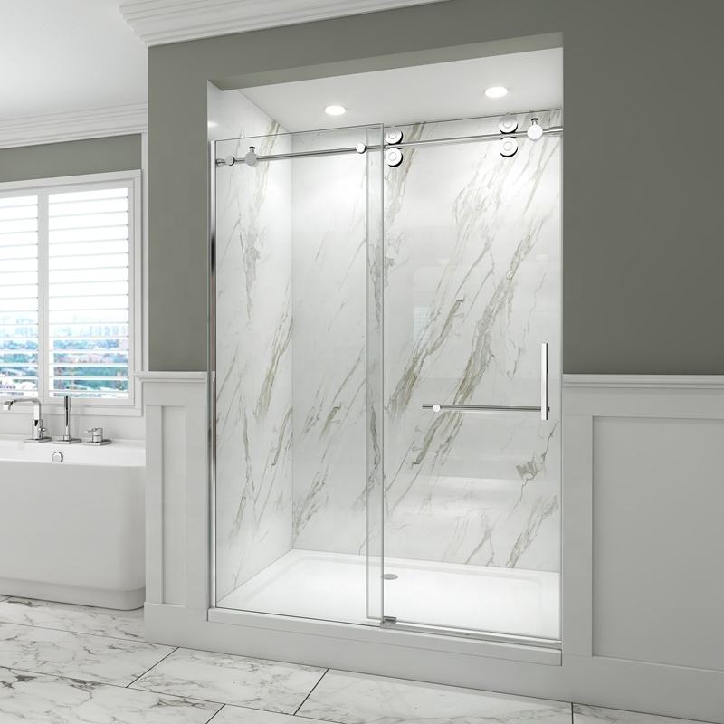 Rothnow North American Style sliding shower door with black frame and various wheels, designed for modern shower enclosures.