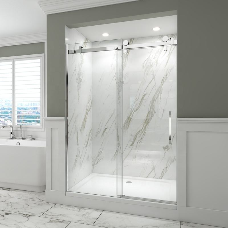 Rothnow North American Style shower panel with black finish and sliding shower door featuring various wheels, modern bathroom design