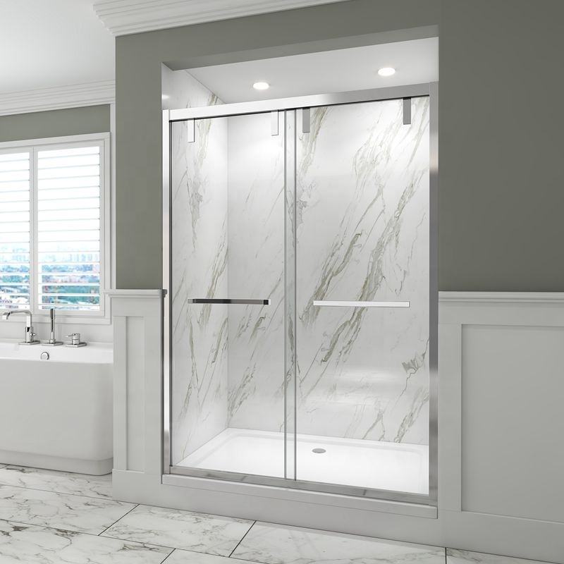 Rothnow North American style black sliding shower door with multiple wheels and shower panel, 900mm wide and 2200mm high.