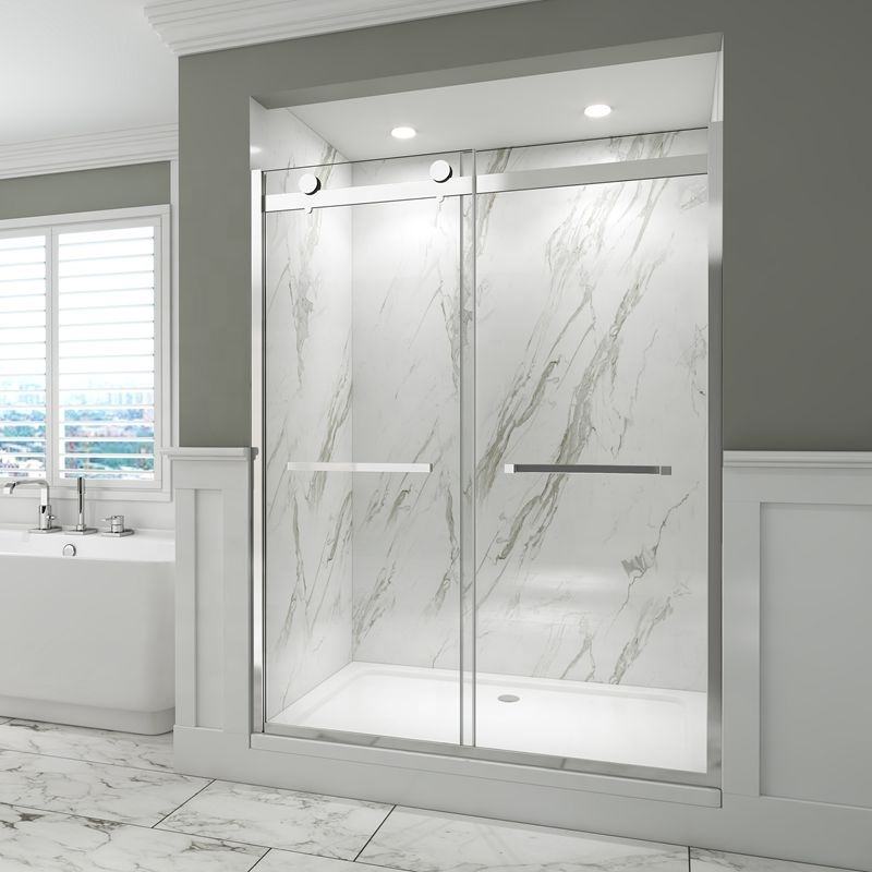 Rothnow North American Style Shower Panel with black finish and sliding shower door featuring various wheel mechanisms.
