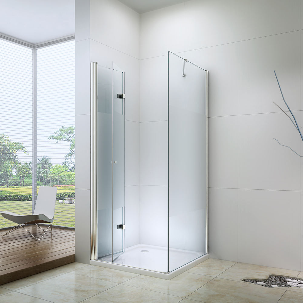 Rothnow® folding shower door with black finish, 2 folding panels and 1 fixed panel for modern shower enclosure.