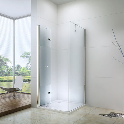 Rothnow® folding shower door with black finish, 2 folding panels and 1 fixed panel for modern shower enclosure.