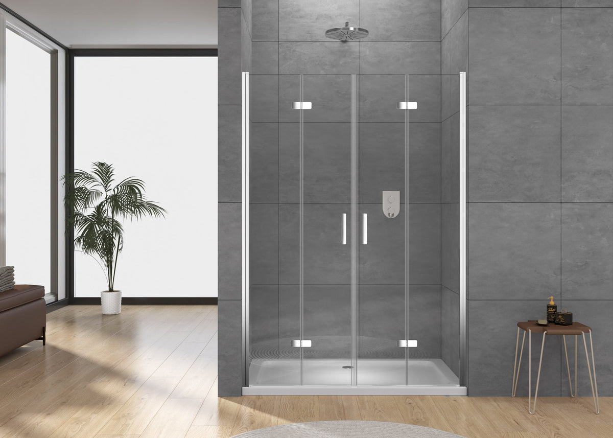 Rothnow® black folding shower panel with four doors, modern design, durable shower door for easy access and space-saving bath enclosure.