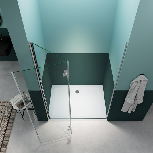 Rothnow® black folding shower door, 900mm wide, double folding design, clear glass shower enclosure with sleek frame.