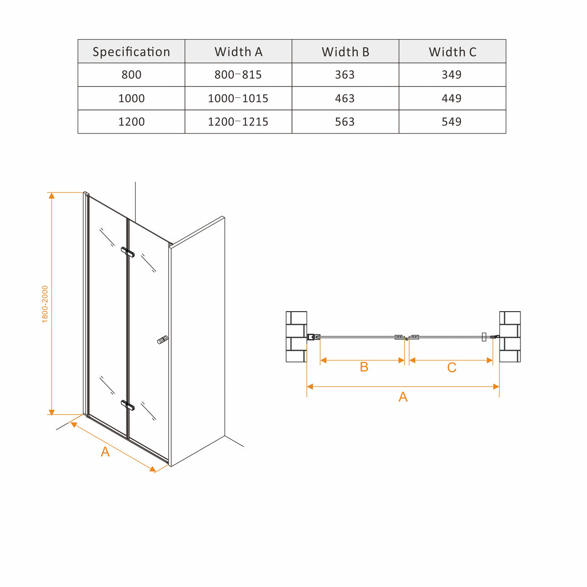 Rothnow® black folding shower door for shower panel, double folding design, 900mm wide, 2200mm high, modern bathroom fixture