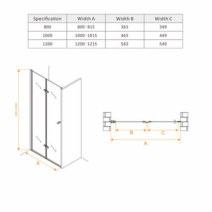 Rothnow® black folding shower door for shower panel, double folding design, 900mm wide, 2200mm high, modern bathroom fixture