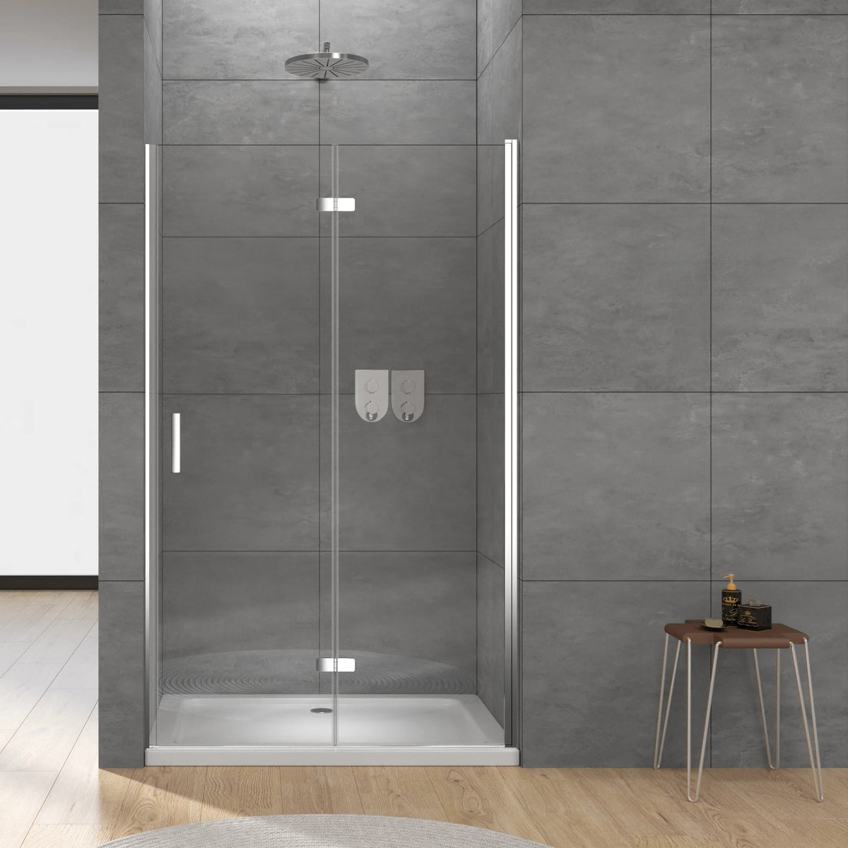 Rothnow® black folding shower door with double panels, glass shower enclosure, sleek modern design for bathroom shower area