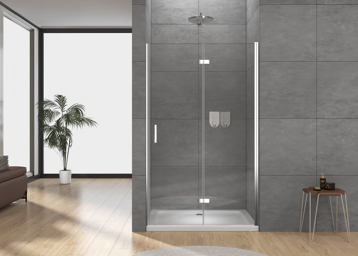 Rothnow black folding shower door for shower panel, double folding design, 900mm width, 2200mm height, modern bathroom shower enclosure