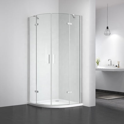Rothnow® frameless glass shower door with black finish, folding shower panel, designed for modern shower enclosures.