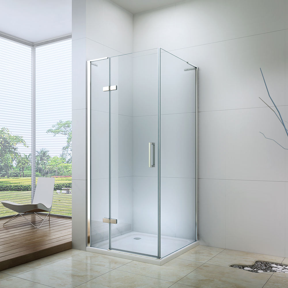 Rothnow® L-shaped folding shower door in black, designed for shower panels with a sleek, modern L-shaped layout.