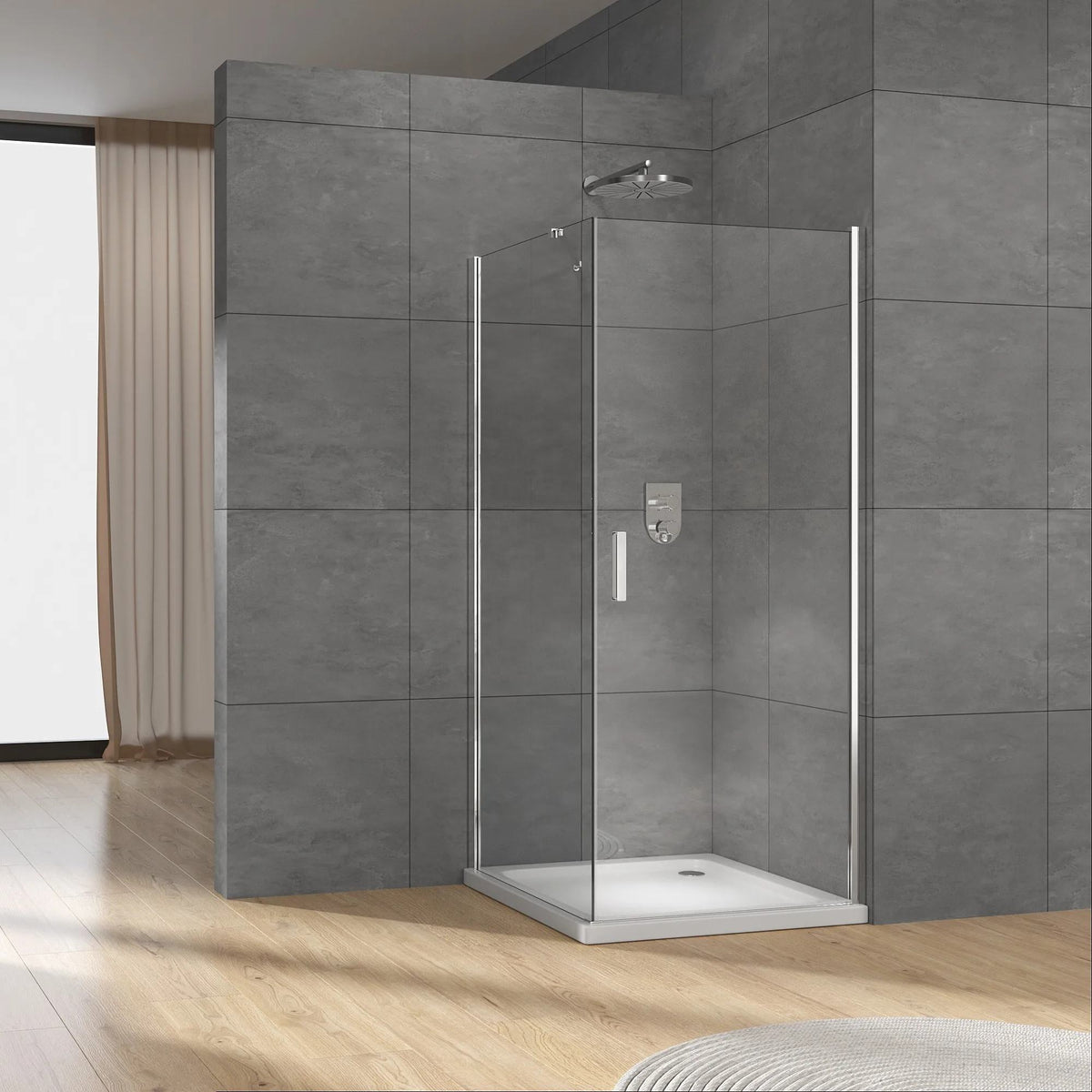 Rothnow® black shower panel with hinged shower door, one fixed panel and one swing door for modern bathroom shower enclosure