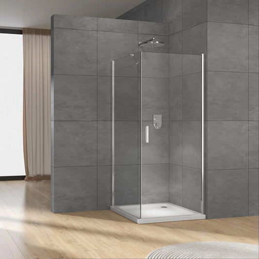 Rothnow® black shower panel with hinged shower door, one fixed panel and one swing door for modern bathroom shower enclosure