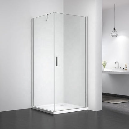 Rothnow® black shower panel with hinged shower door, one fixed panel and one swing door, for modern bathroom shower enclosure.