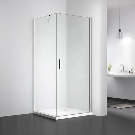 Rothnow® black shower panel with hinged shower door, one fixed panel and one swing door, for modern bathroom shower enclosure.