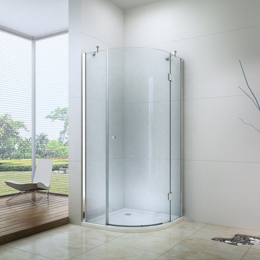 Rothnow® curved glass hinged shower door, 900mm wide, black frame, sleek modern design for shower enclosure.
