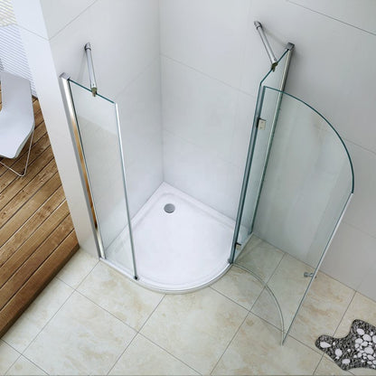 Rothnow® curved glass hinged shower door with black frame, 900mm wide and 2200mm high, designed for modern shower enclosures.