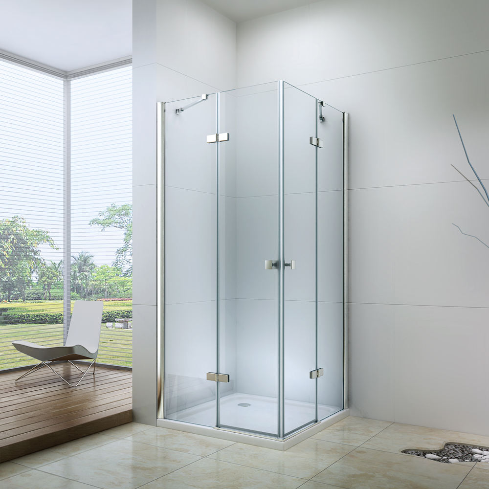Rothnow® black hinged double shower door with sleek glass panels, 900mm width, designed for modern shower enclosures.