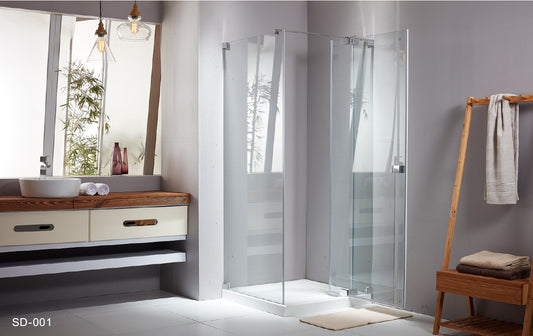 Rothnow® frameless glass hinged shower door with black frame, 900mm wide and 2200mm high, designed for modern shower enclosures.