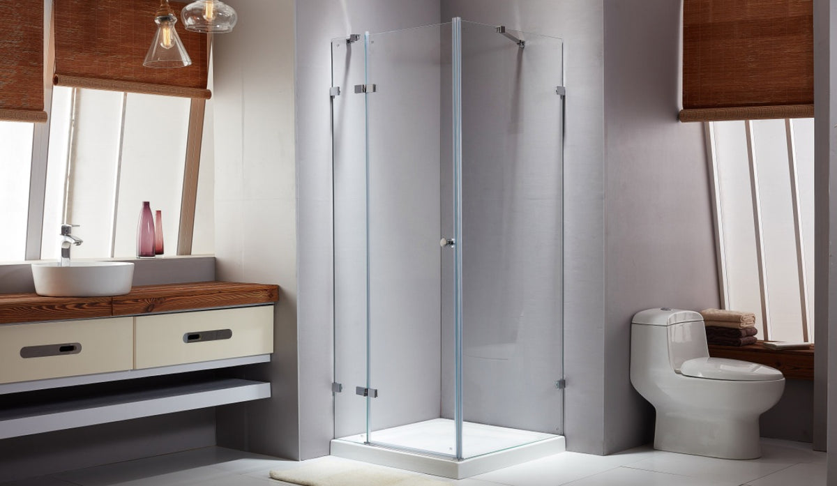 Rothnow® 900mm black frameless glass hinged shower door with sleek shower panel for modern bathroom use.